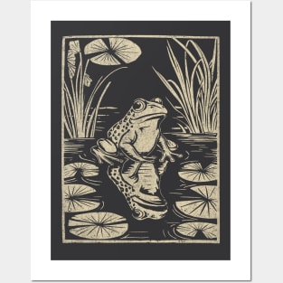 Frog in a Pond - vintage retro blockprint Posters and Art